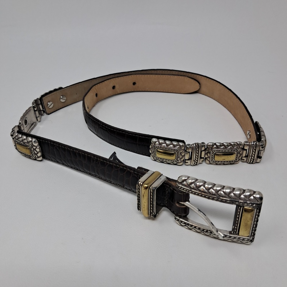 Brighton Womens Medium Croc Embossed Leather Belt Silver Gold Link 44209 USA 31